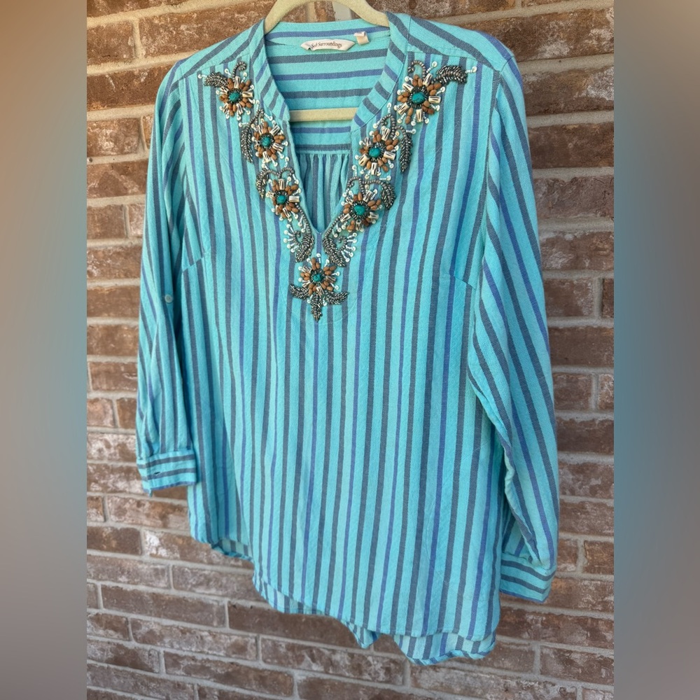 Soft Surroundings Teal Striped Tunic with Floral Beadwork, Size PM
